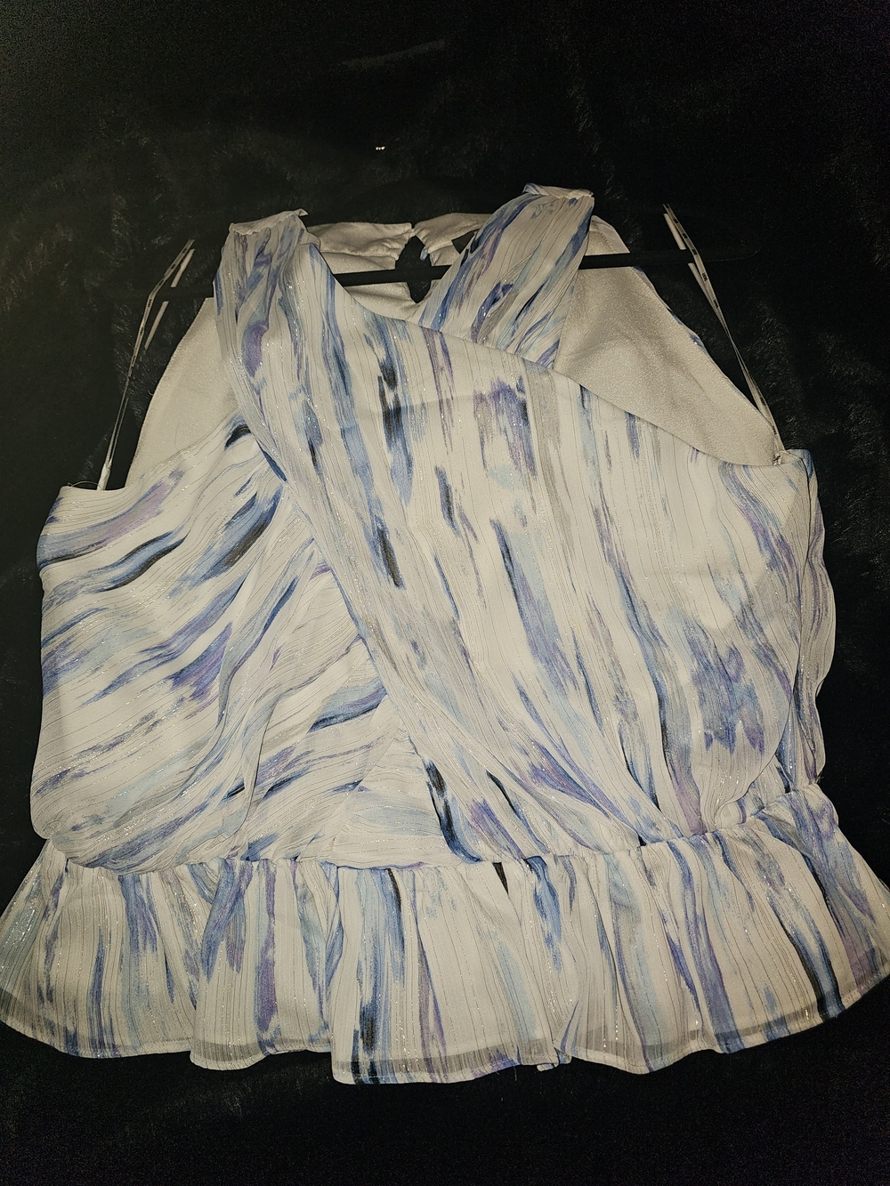 DKNY White Sleeveless Cross-Back Top with Blue and Lavender Brushstrokes